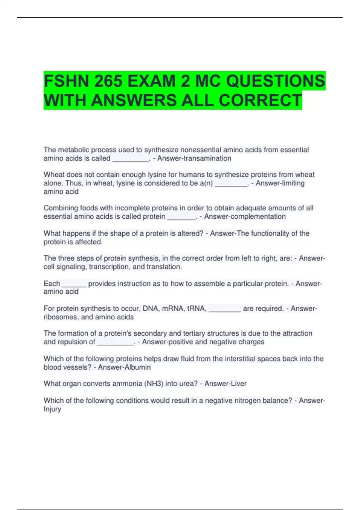 FSHN 265 EXAM 2 MC QUESTIONS WITH ANSWERS ALL CORRECT - FSHN 265 ...