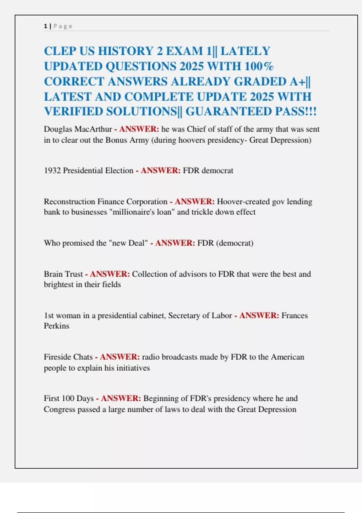 CLEP US HISTORY 2 EXAM 1|| LATELY UPDATED QUESTIONS 2025 WITH 100% ...