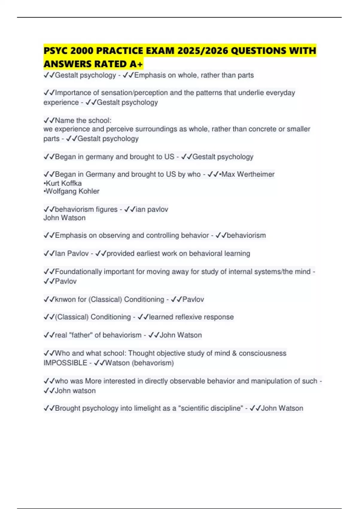 PSYC 2000 PRACTICE EXAM 2025/2026 QUESTIONS WITH ANSWERS RATED A+ ...