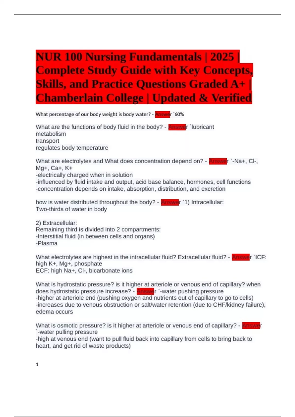 NUR 100 Nursing Fundamentals | 2025 | Complete Study Guide with Key ...
