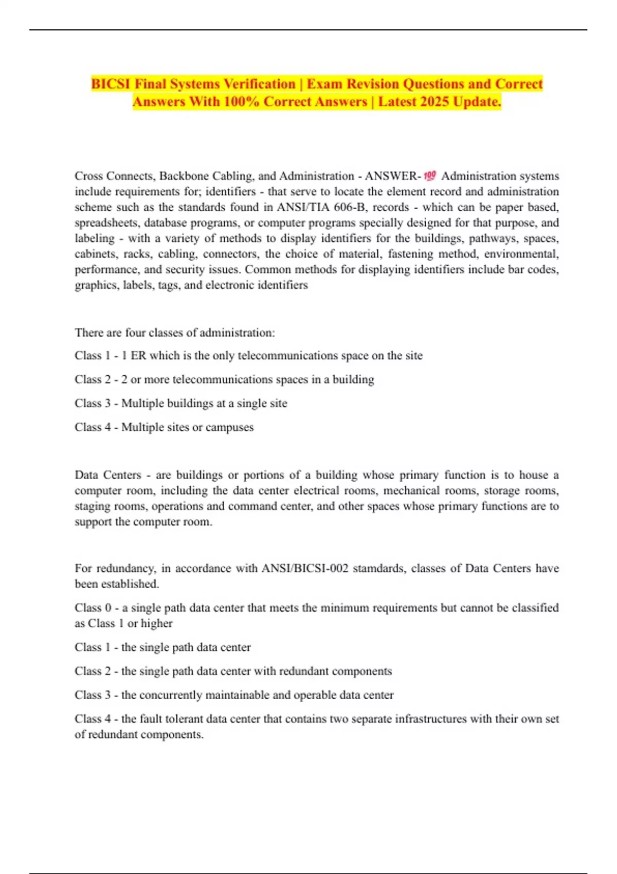 BICSI Final Systems Verification | Exam Revision Questions and Correct ...