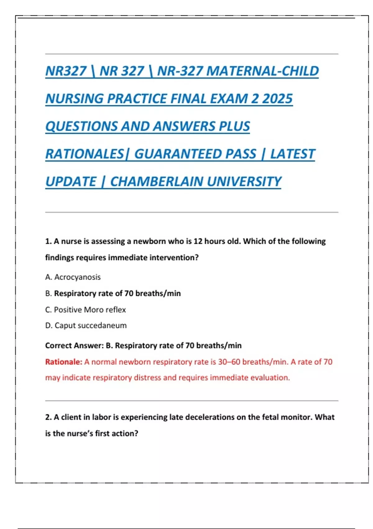 NR327 NR 327 NR-327 MATERNAL-CHILD NURSING PRACTICE FINAL EXAM 2 2025 ...