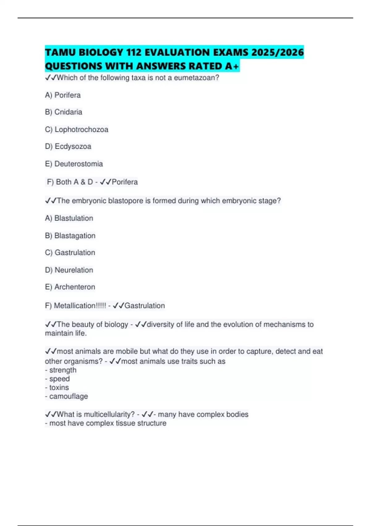TAMU BIOLOGY 112 EVALUATION EXAMS 2025/2026 QUESTIONS WITH ANSWERS ...