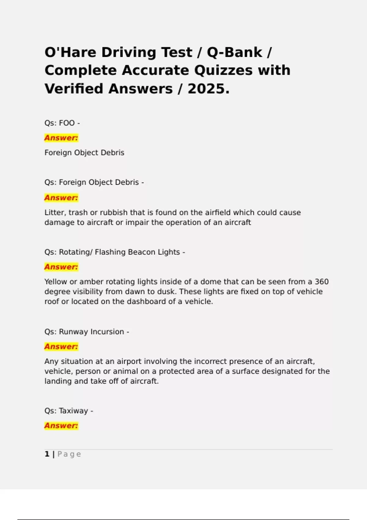 O'Hare Driving Test / Q-Bank / Complete Accurate Quizzes with Verified ...