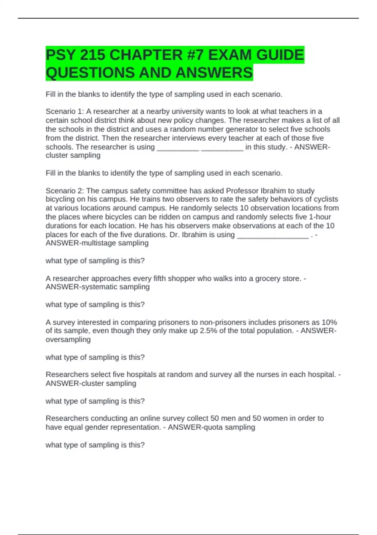 PSY 215 CHAPTER #7 EXAM GUIDE QUESTIONS AND ANSWERS - KHN 188 - Stuvia US