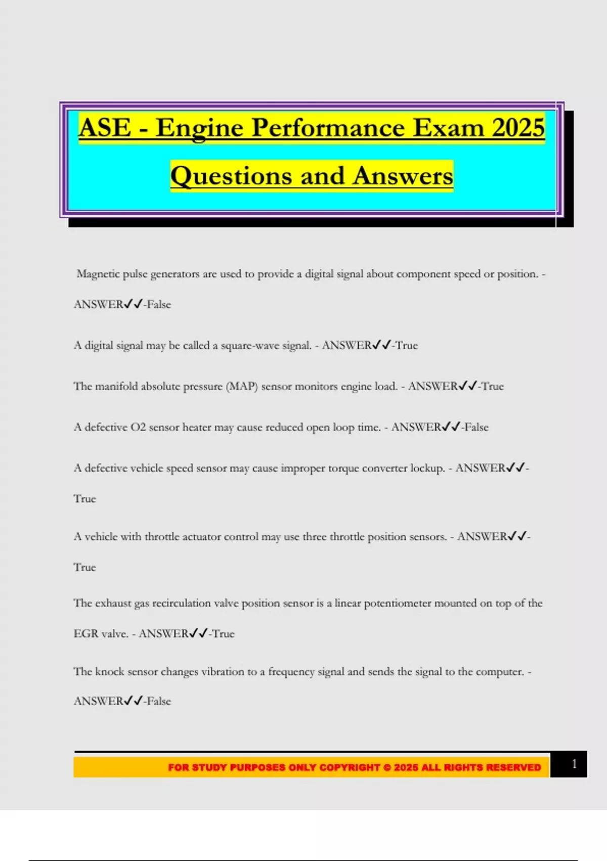 ASE - Engine Performance Exam 2025 Questions and Answers - ASE - Stuvia US