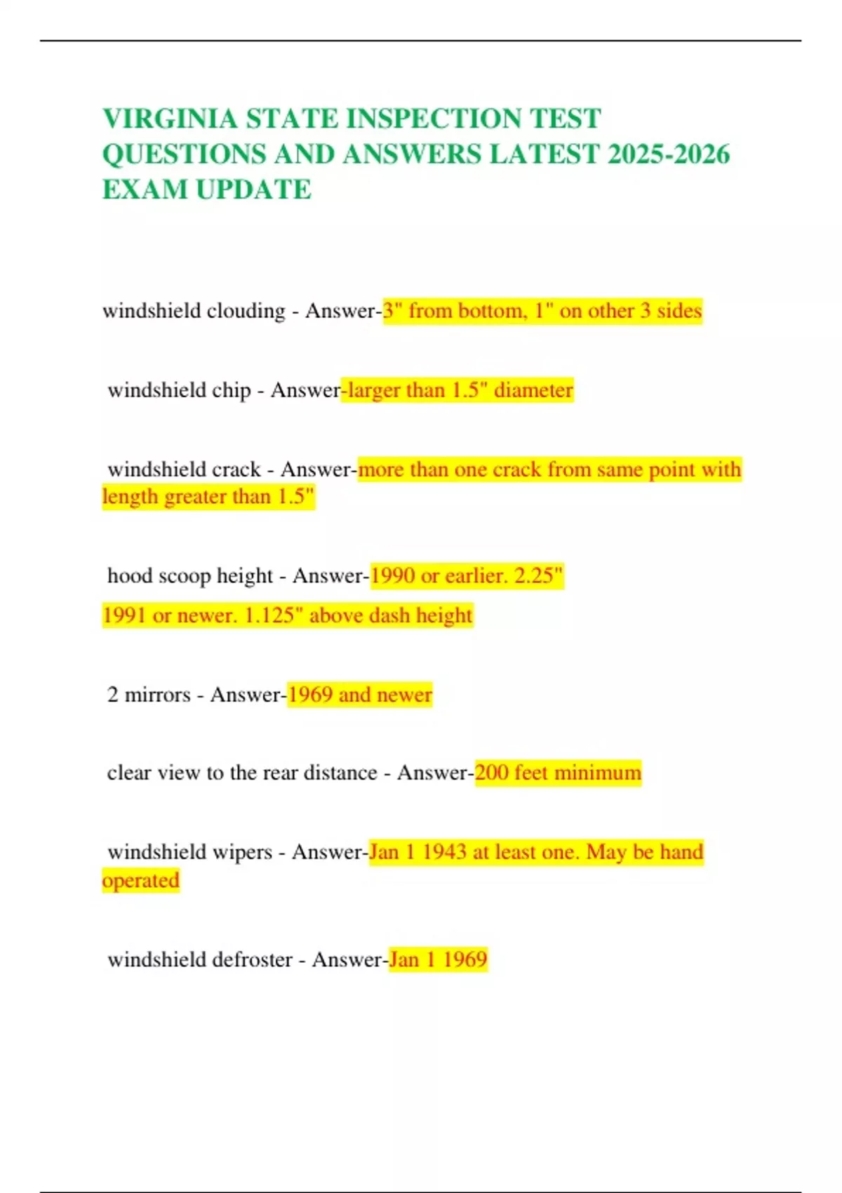 VIRGINIA STATE INSPECTION TEST QUESTIONS AND ANSWERS LATEST EXAM UPDATE ...