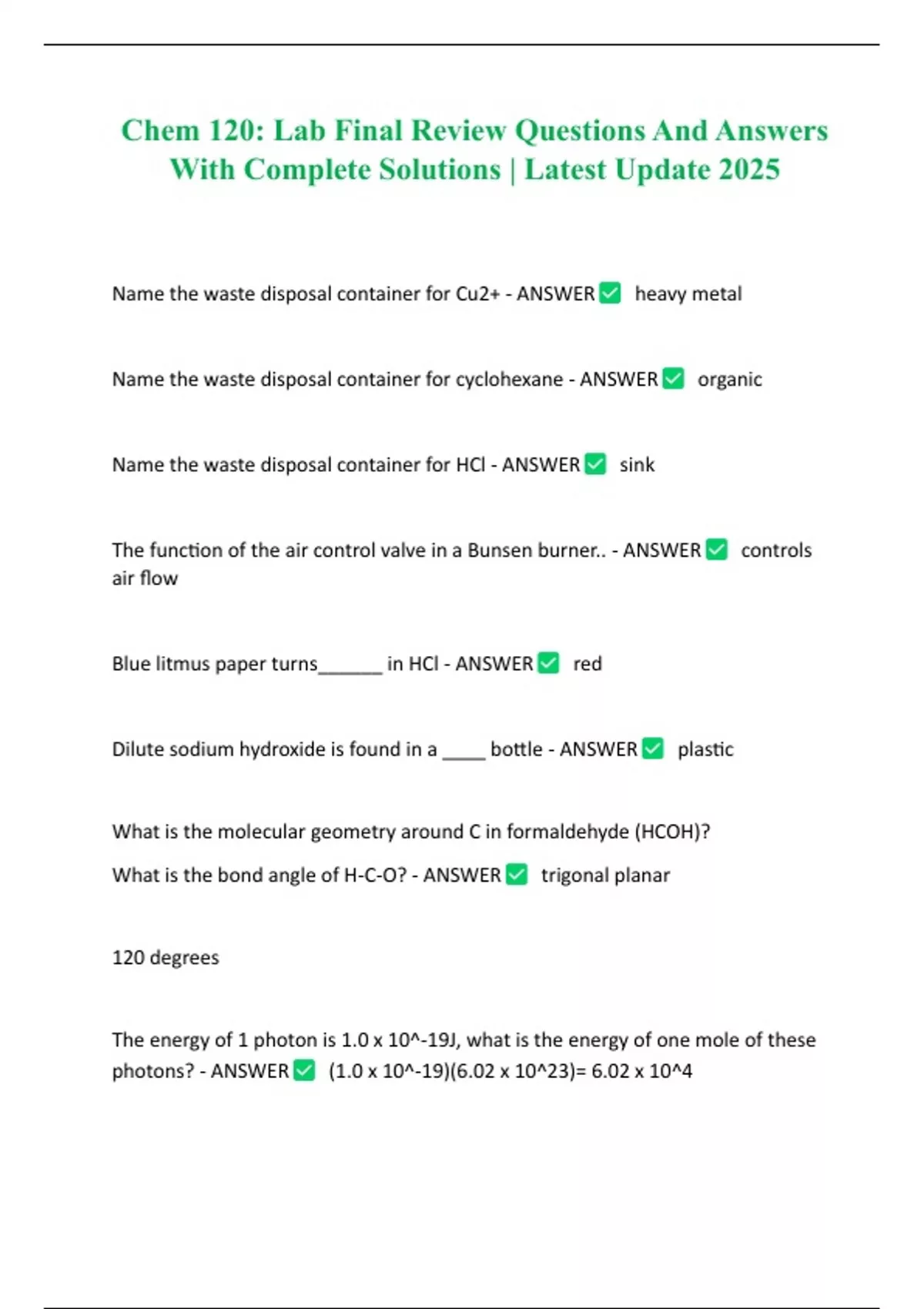 Chem 120: Lab Final Review Questions And Answers With Complete ...