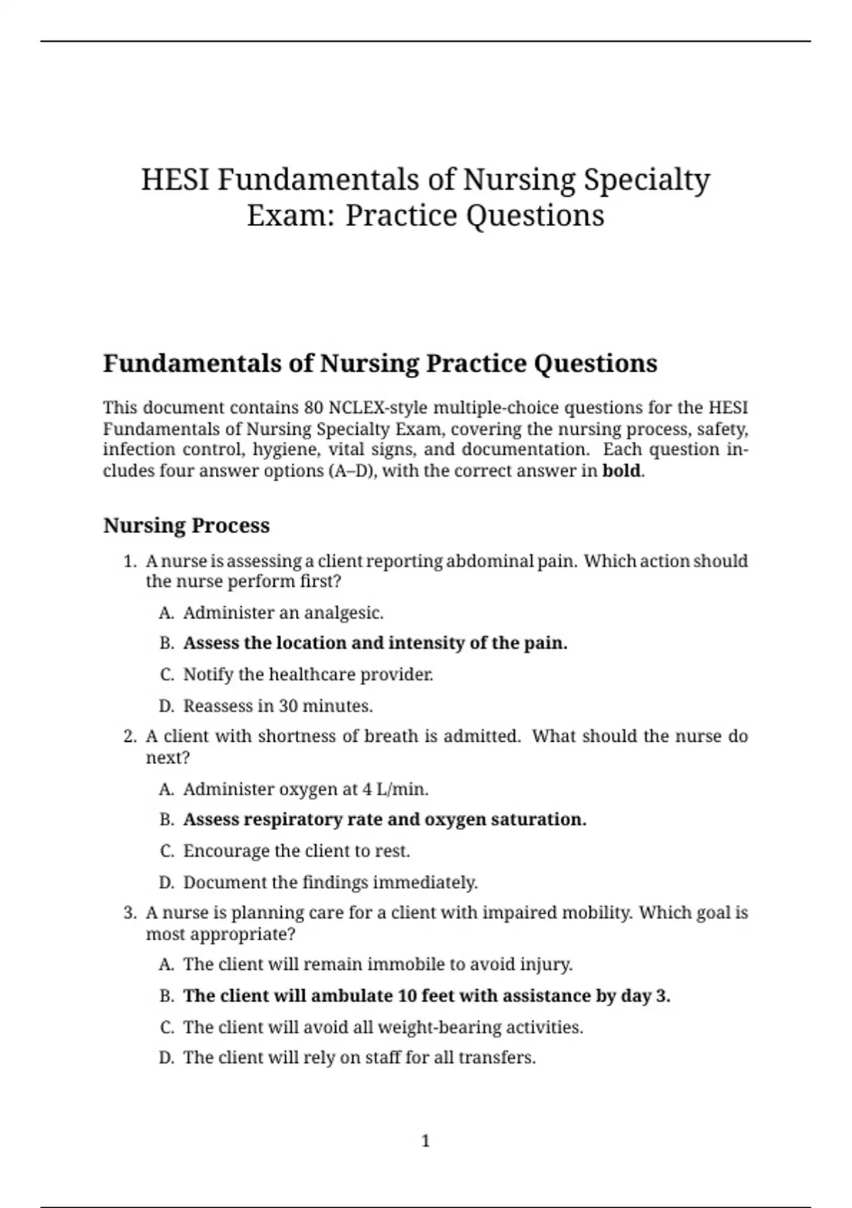 HESI Fundamentals of Nursing Specialty Exam – 80 Practice Questions with Answers &amp; Rationales ...