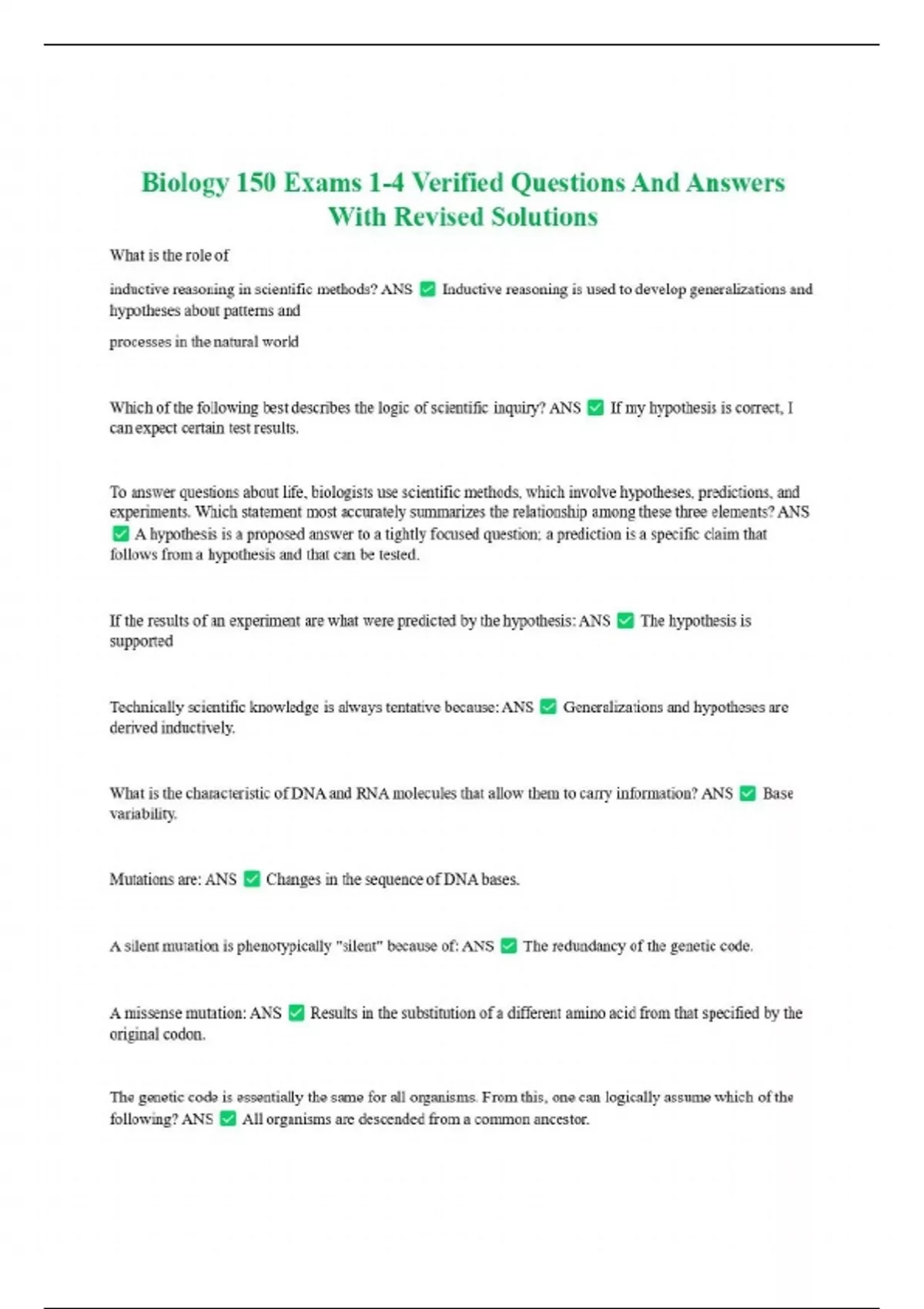 Biology 150 Exams 1-4 Verified Questions And Answers With Revised ...