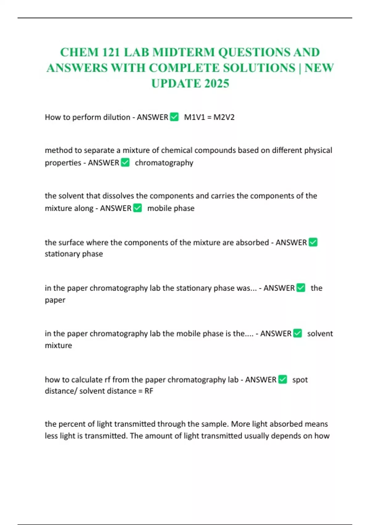 CHEM 121 LAB MIDTERM QUESTIONS AND ANSWERS WITH COMPLETE SOLUTIONS ...