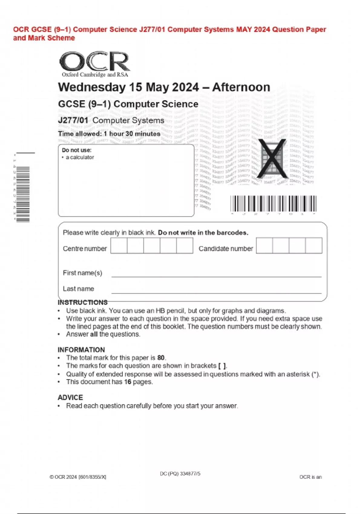 OCR GCSE (9–1) Computer Science J277/01 Computer Systems MAY 2024 ...