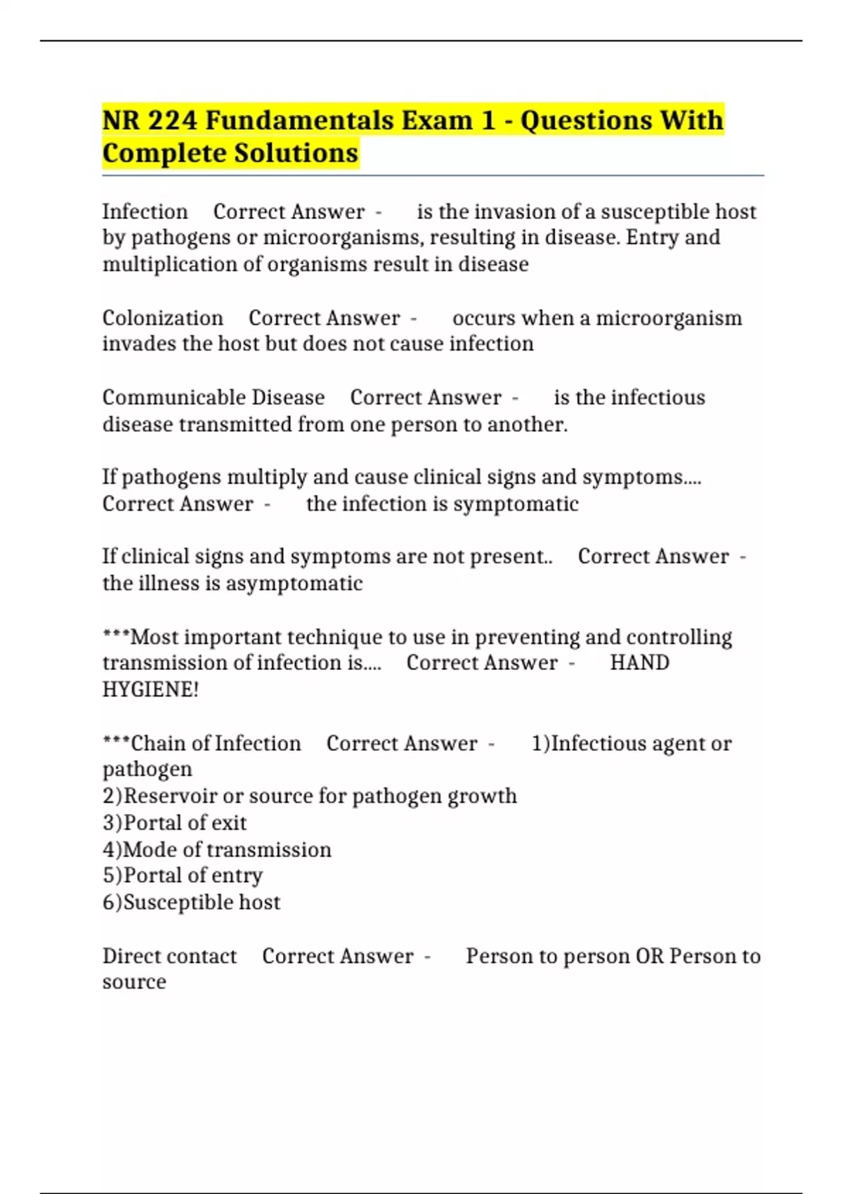 NR 224 Fundamentals Exam 1 - Questions With Complete Solutions - NR 224 ...