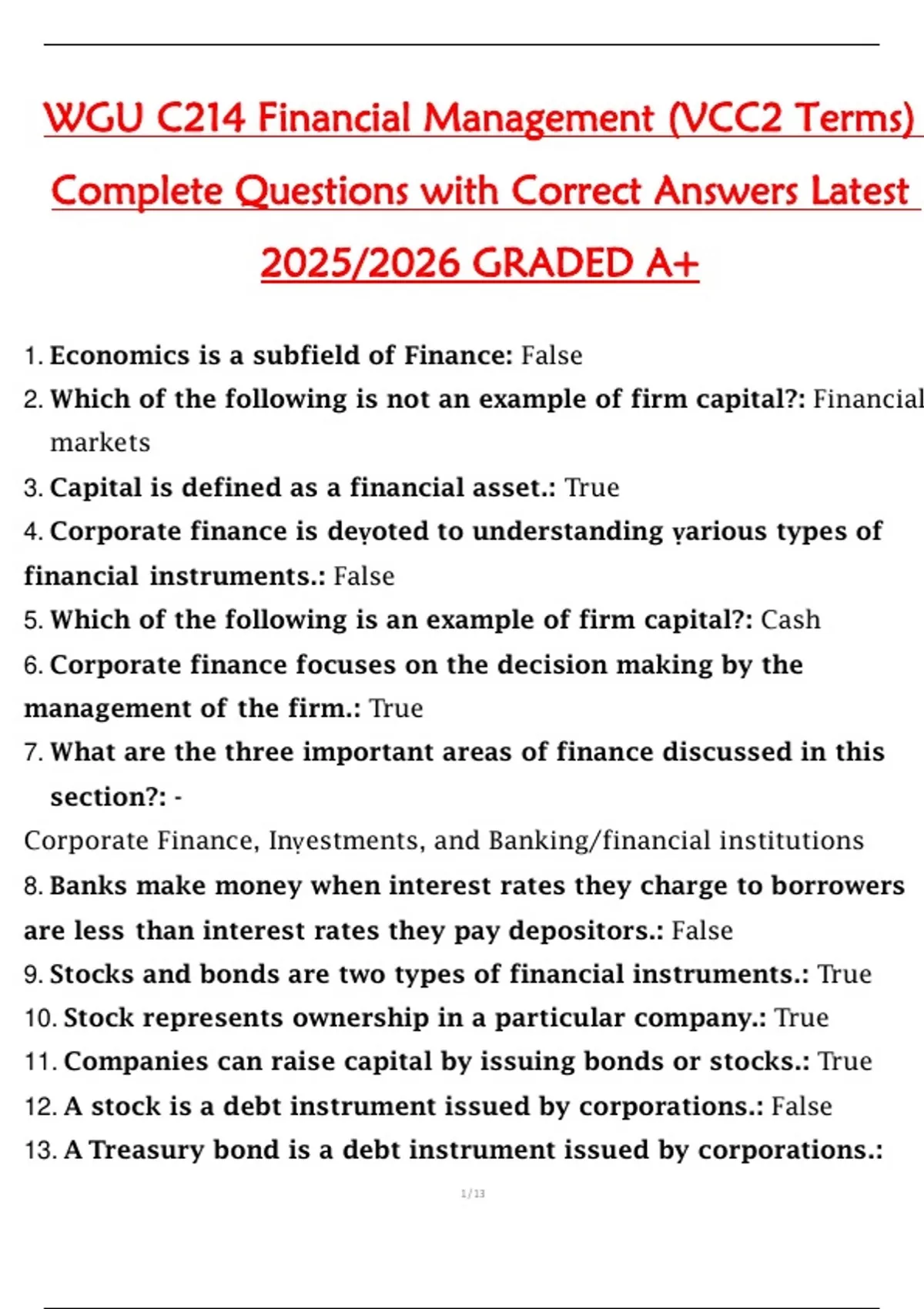 WGU C214 Financial Management (VCC2 Terms) Complete Questions with ...