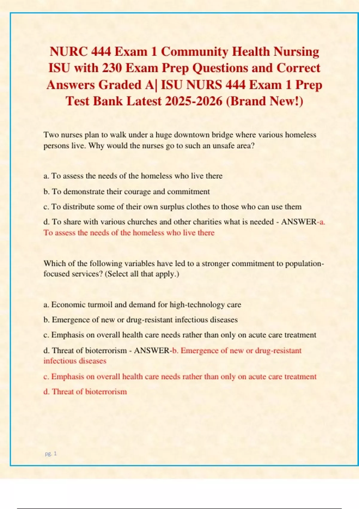 NURC 444 Exam 1 Community Health Nursing ISU with 230 Exam Prep ...