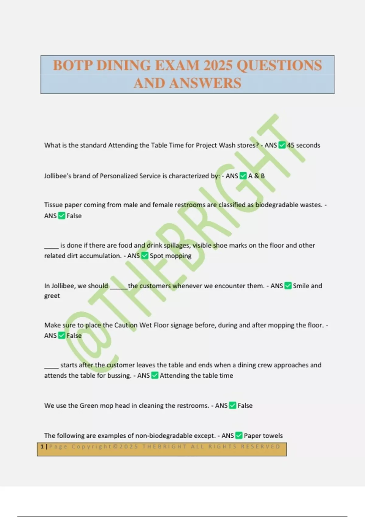 BOTP DINING EXAM 2025 QUESTIONS AND ANSWERS - BOTP DINING - Stuvia US