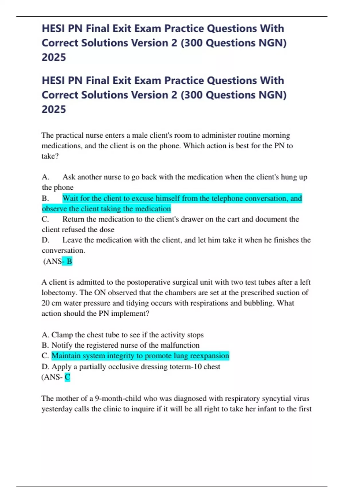 HESI PN Final Exit Exam Practice Questions With Correct Solutions ...