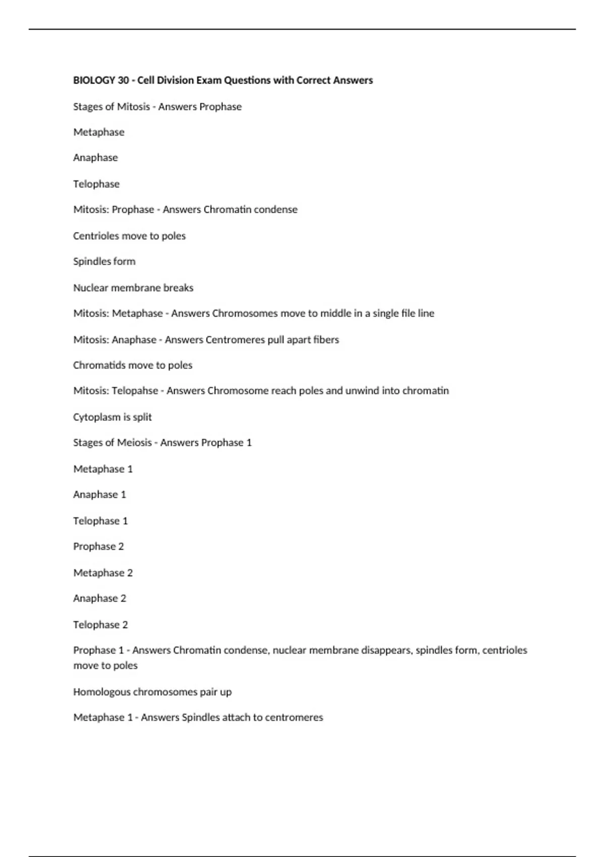 BIOLOGY 30 - Cell Division Exam Questions with Correct Answers ...