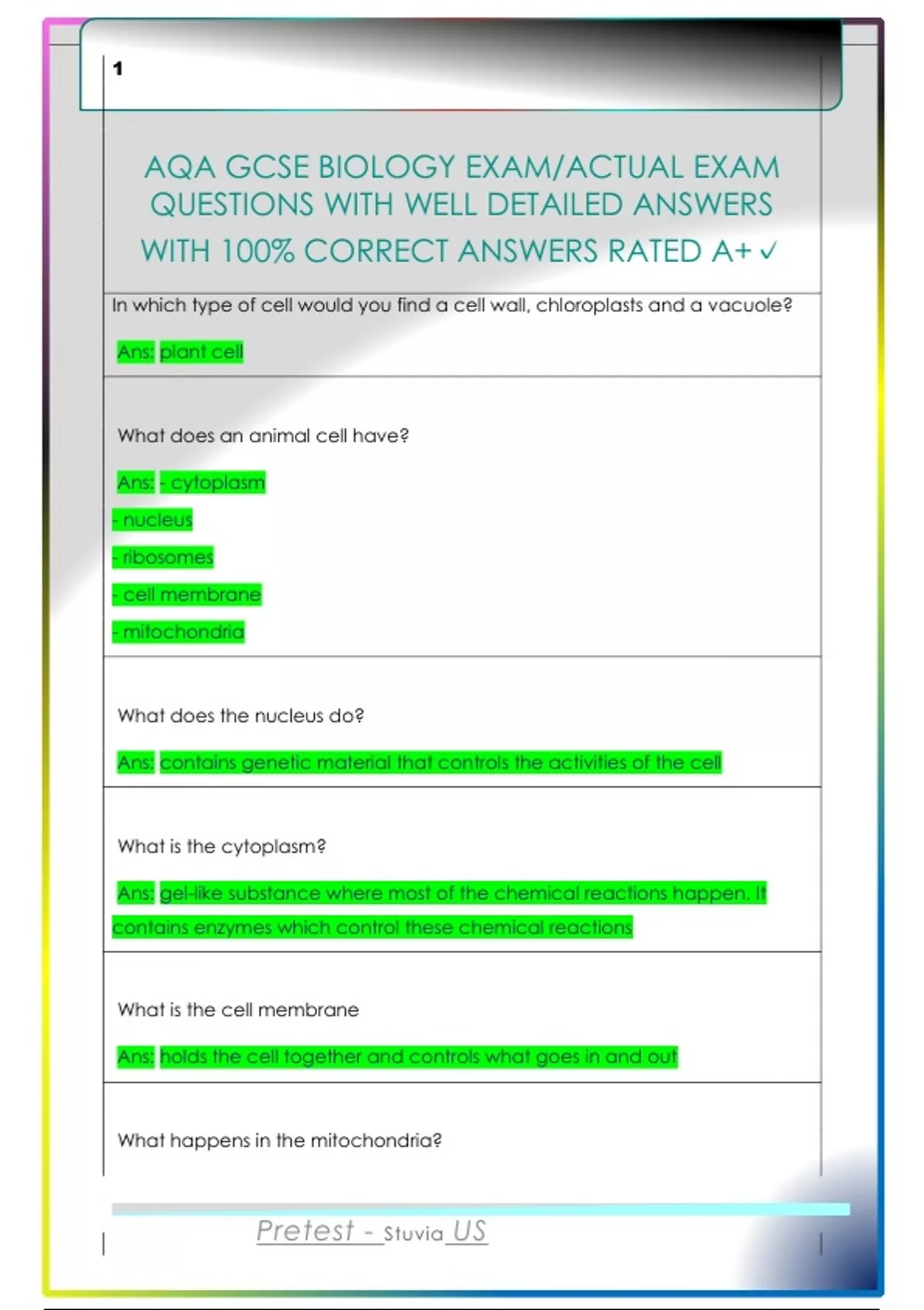 AQA GCSE BIOLOGY EXAM/ACTUAL EXAM QUESTIONS WITH WELL DETAILED ANSWERS ...