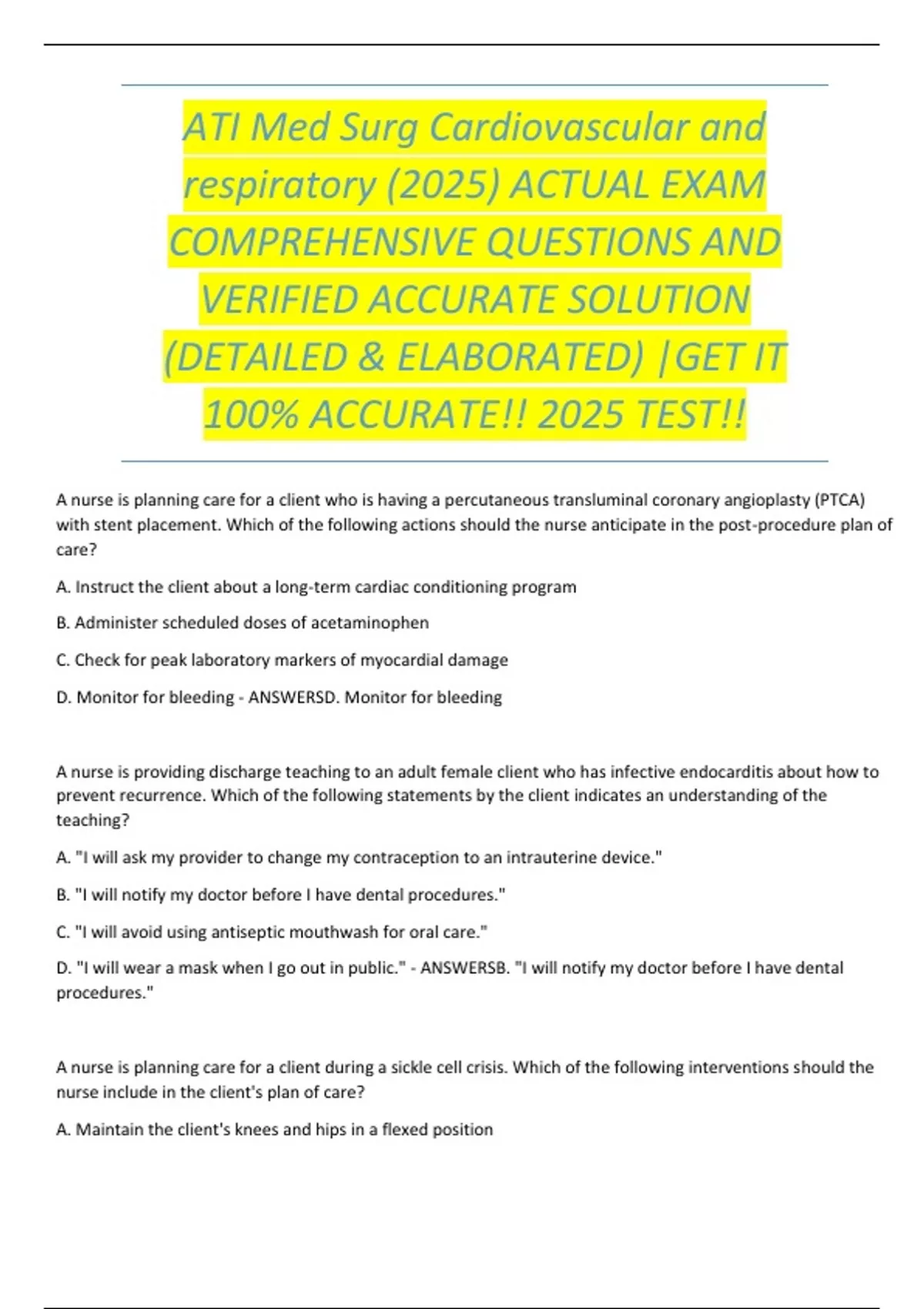 ATI Med Surg Cardiovascular and respiratory (2025) ACTUAL EXAM ...