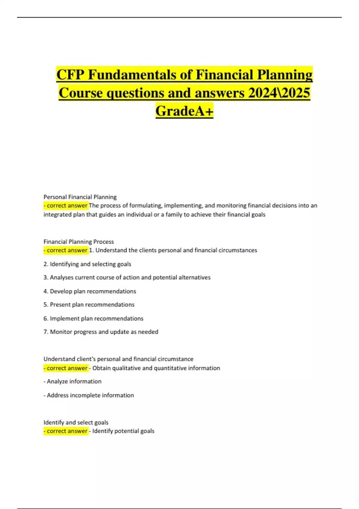 CFP Fundamentals of Financial Planning – Exam Questions & Answers 2024/ ...