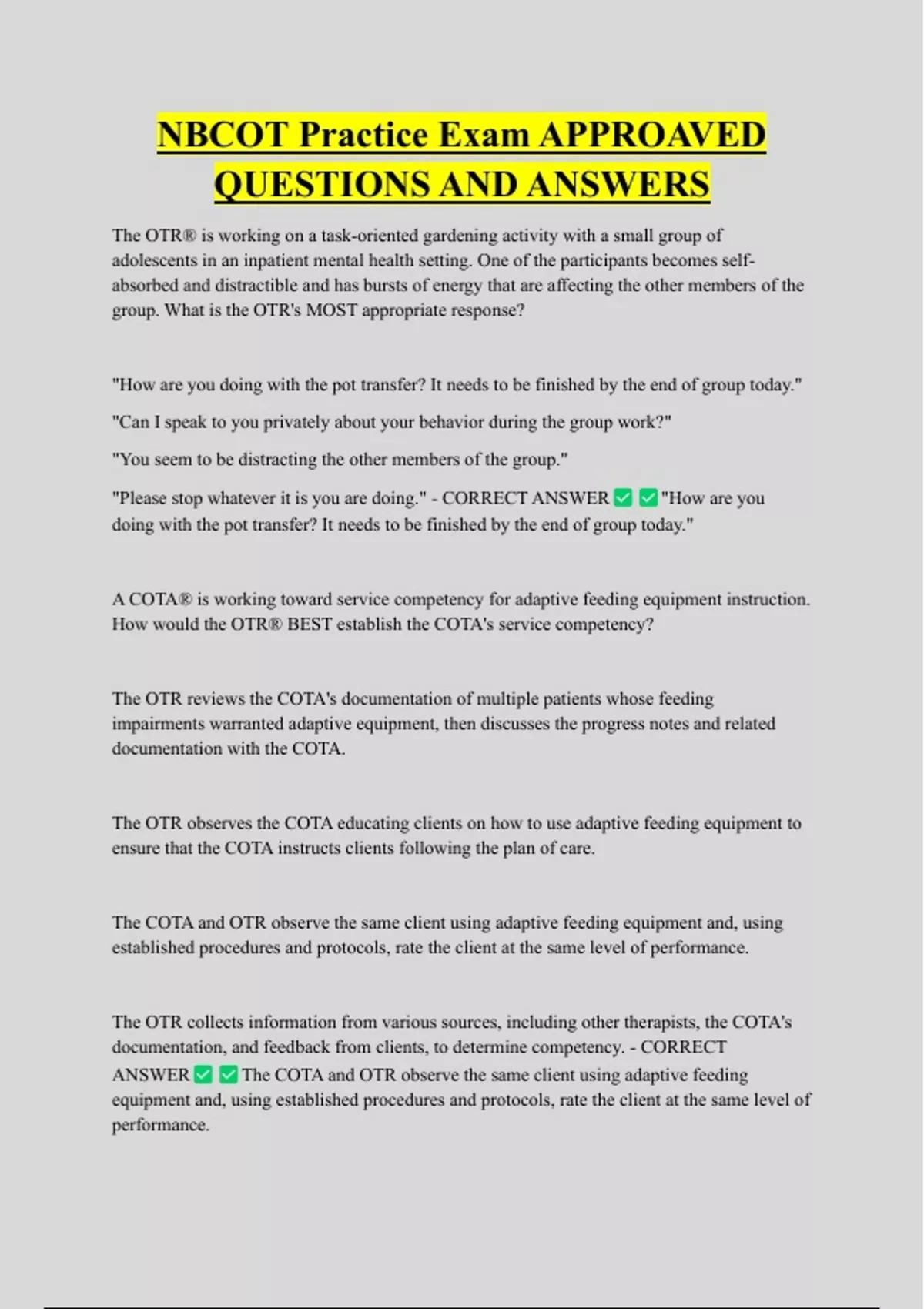 NBCOT Practice Exam APPROAVED QUESTIONS AND ANSWERS - NBCOT - Stuvia US