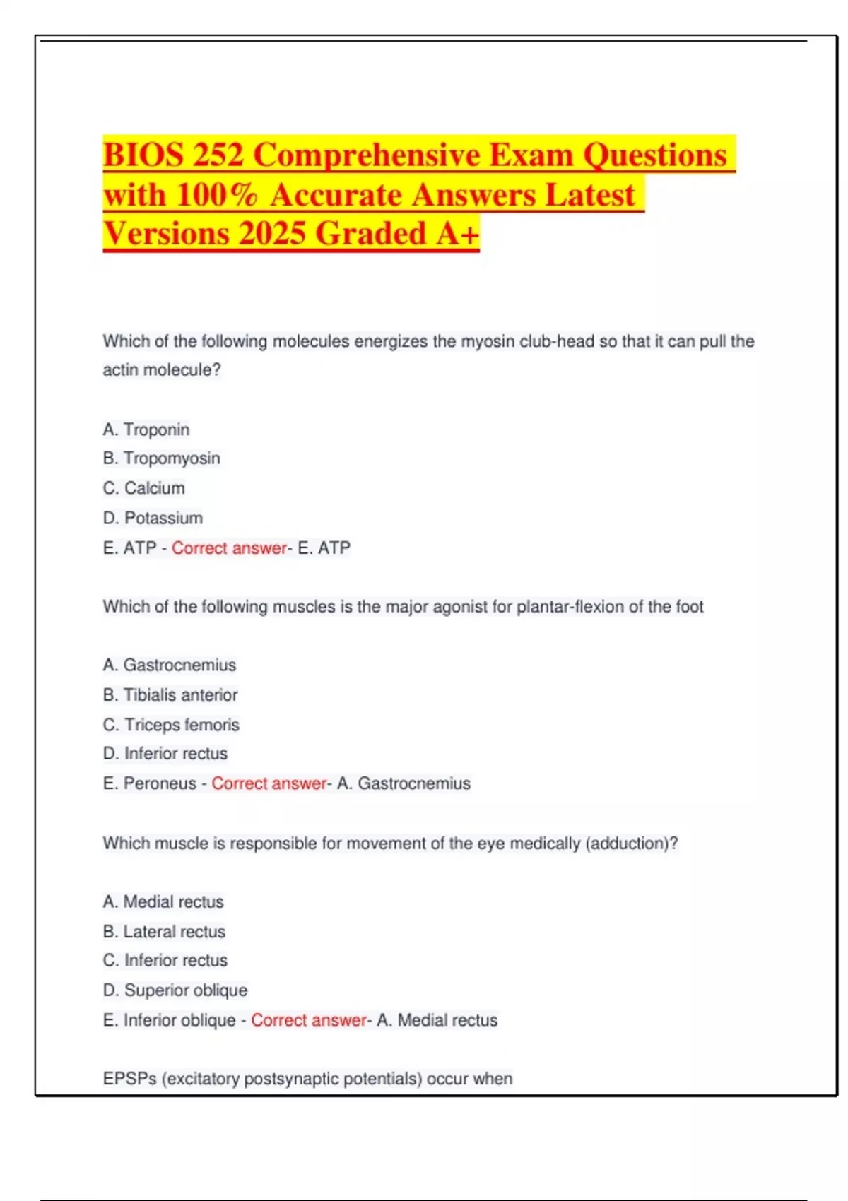 BIOS 252 Comprehensive Exam Questions with 100% Accurate Answers Latest ...