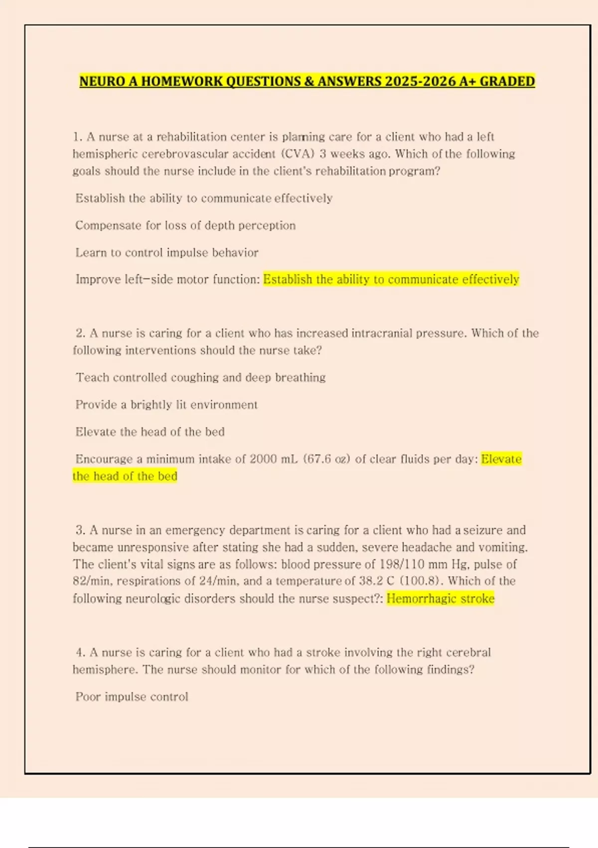 NEURO A HOMEWORK QUESTIONS & ANSWERS A+ GRADED - NEURO A HOMEWORK ...