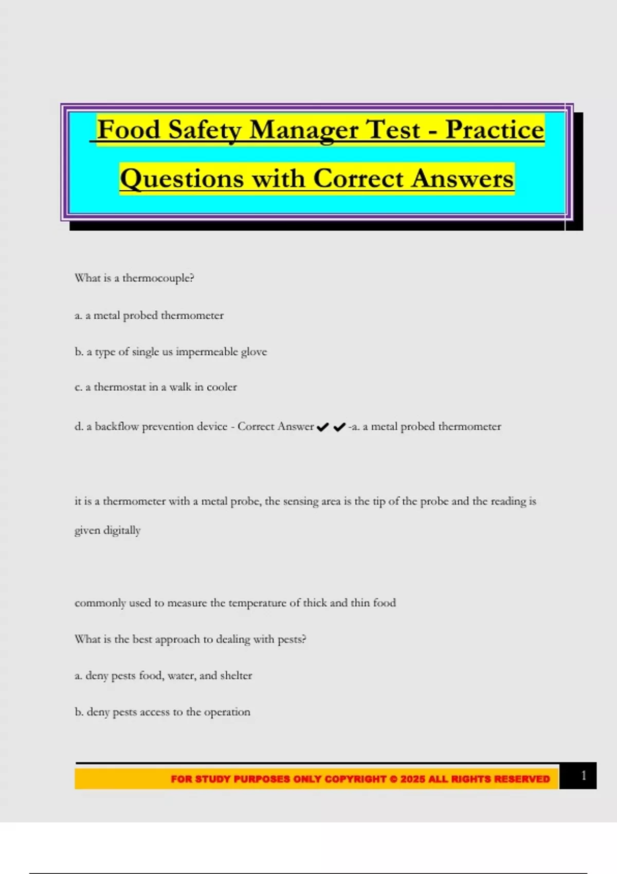 Food Safety Manager Test - Practice Questions with Correct Answers ...