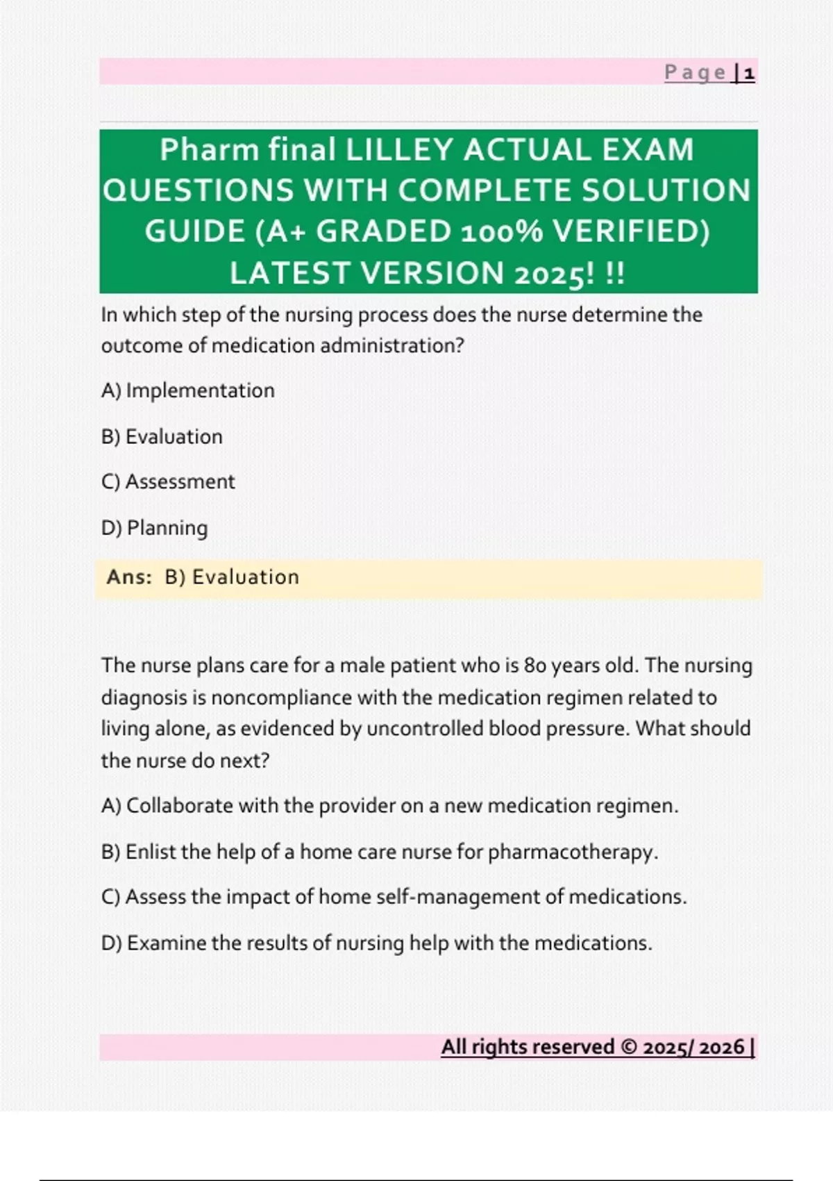 Pharm final LILLEY ACTUAL EXAM QUESTIONS WITH COMPLETE SOLUTION GUIDE ...