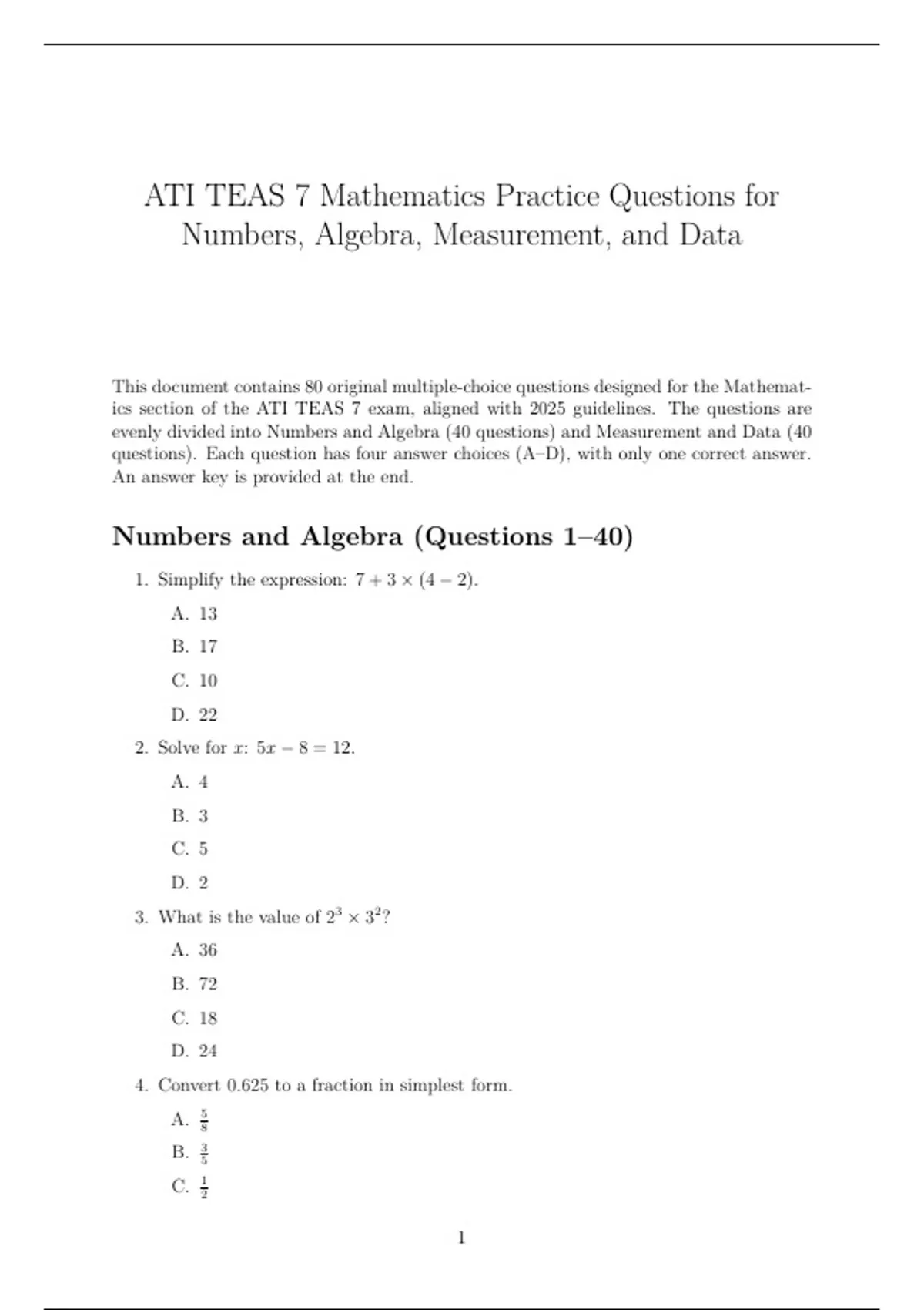 ATI TEAS 7 Mathematics Practice Questions – Numbers, Algebra ...