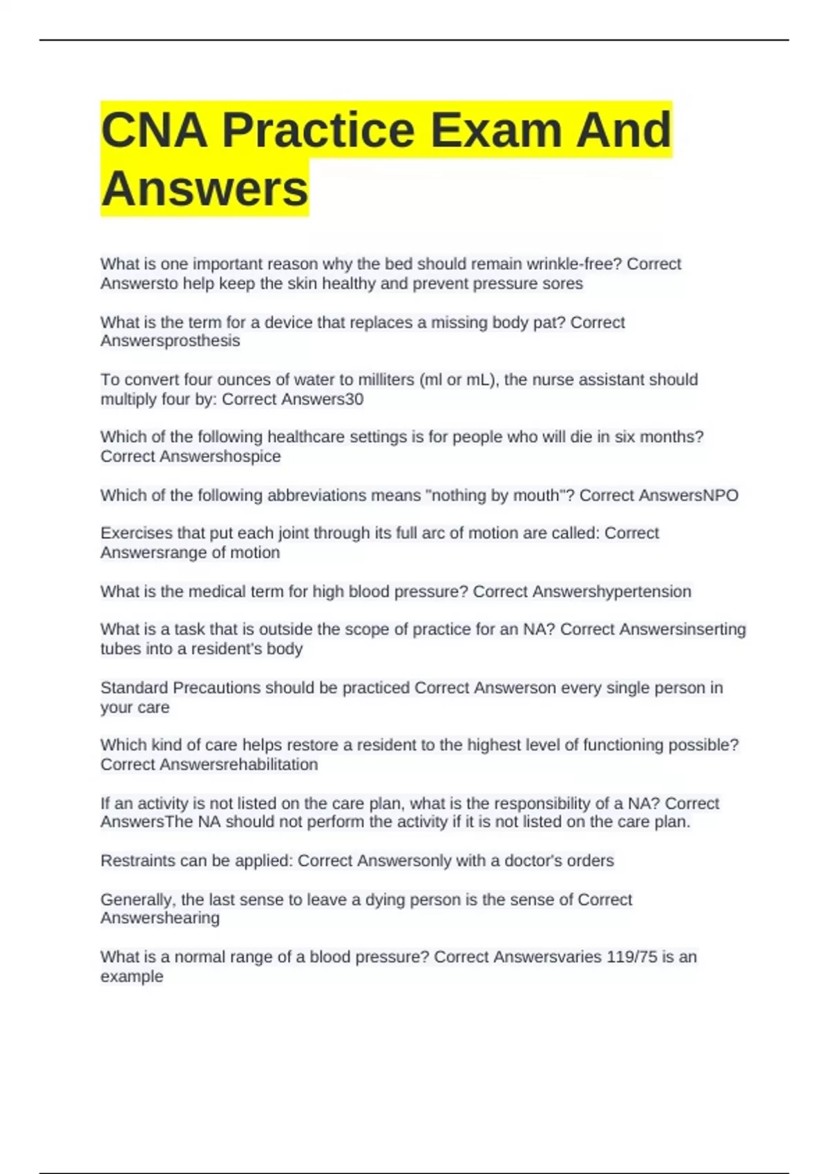 CNA Practice Test Question And Answers - CNA Practice 1 - Stuvia US