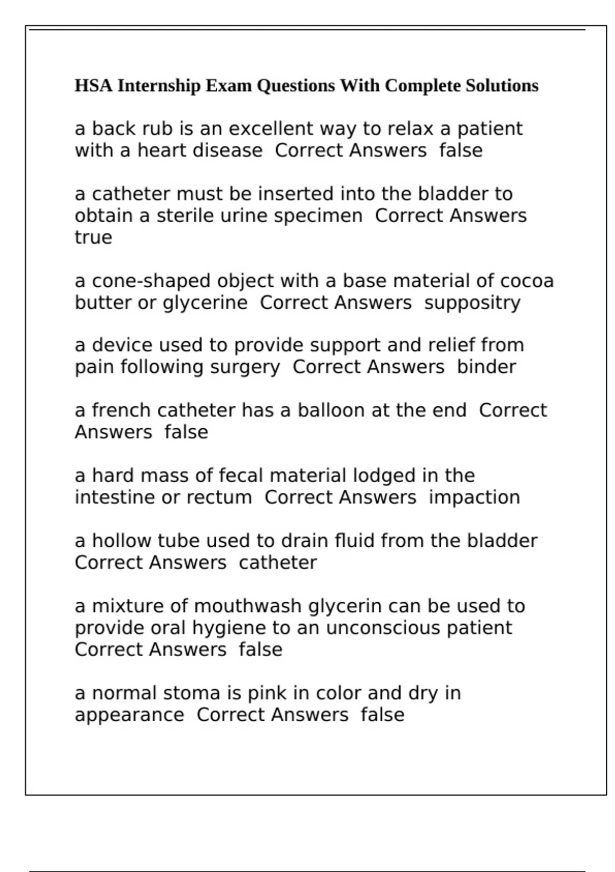 Hsa Questions HSA Internship Exam Questions With Complete Solutions - HSA - Stuvia NL
