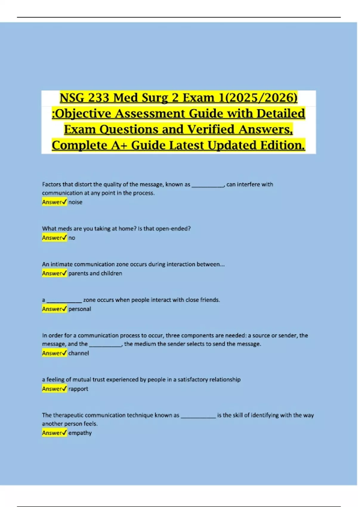 NSG 233 Med Surg 2 Exam 1(2025/2026) :Objective Assessment Guide with ...