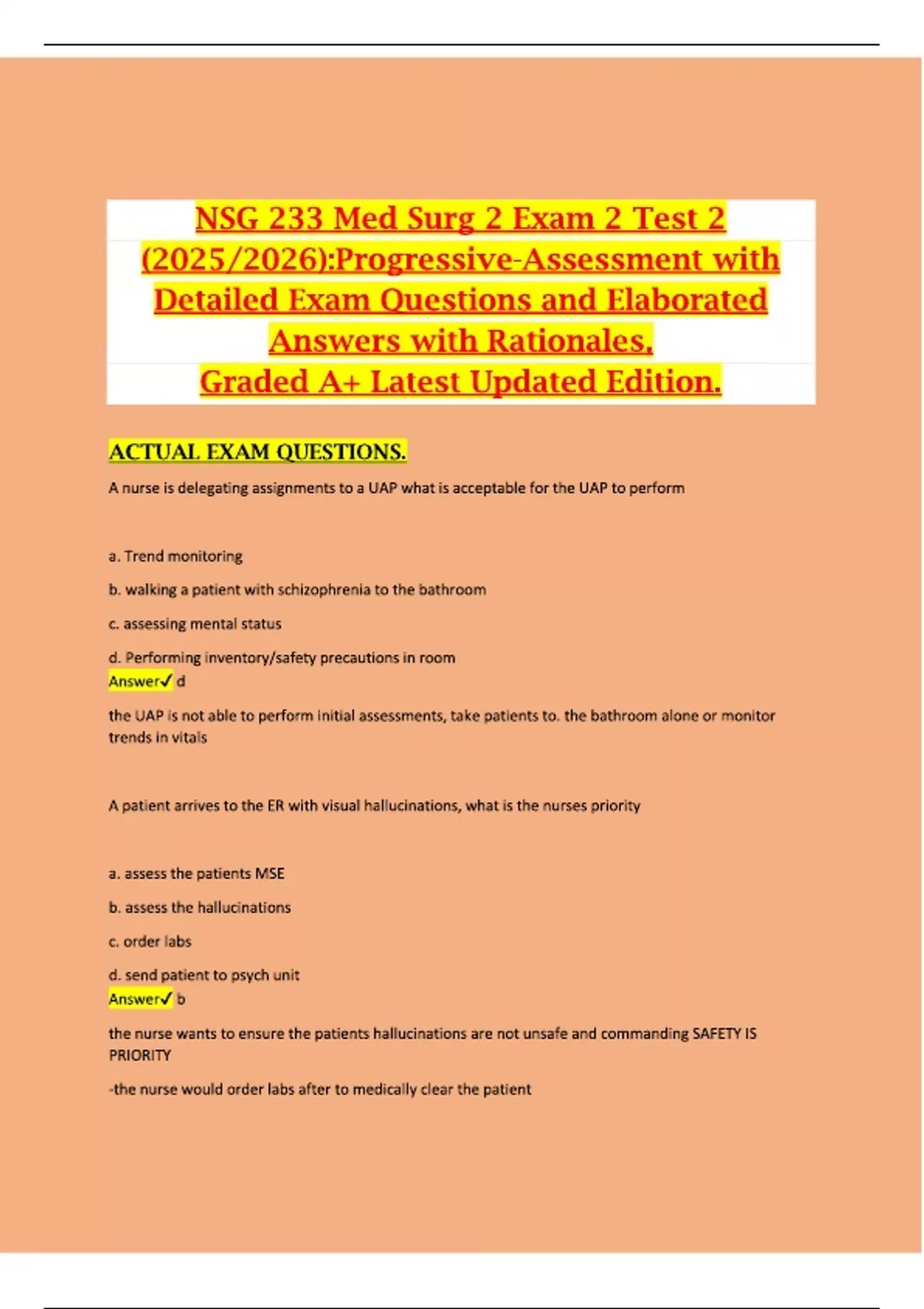 NSG 233 Med Surg 2 Exam 2 Test 2 (2025/2026):Progressive-Assessment ...
