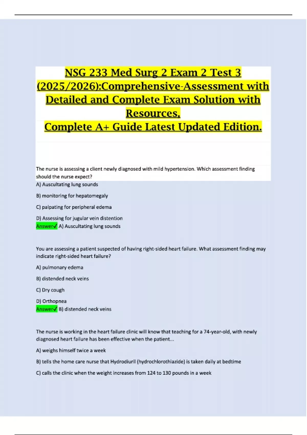 NSG 233 Med Surg 2 Exam 2 Test 3 (2025/2026):Comprehensive-Assessment ...