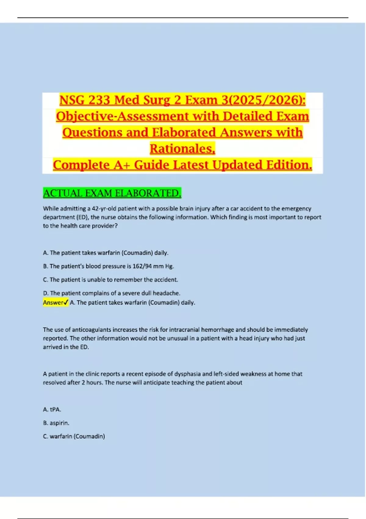 NSG 233 Med Surg 2 Exam 3(2025/2026): Objective-Assessment with ...