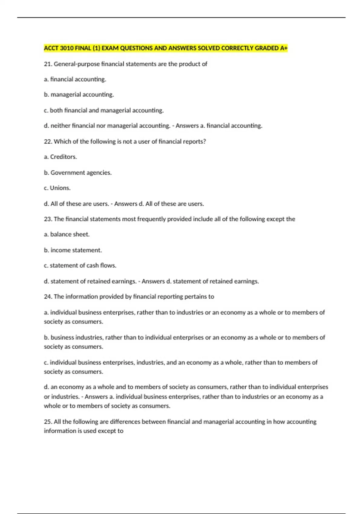 ACCT 3010 FINAL (1) EXAM QUESTIONS AND ANSWERS SOLVED CORRECTLY GRADED ...