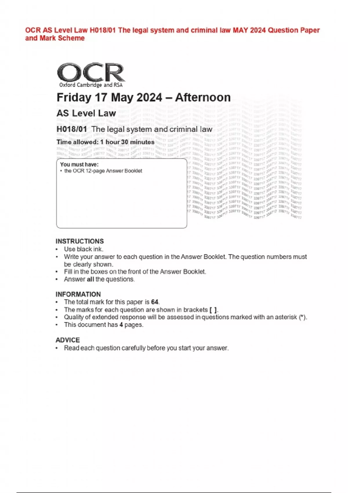 Ocr As Level Law H018 01 The Legal System And Criminal Law May 2024