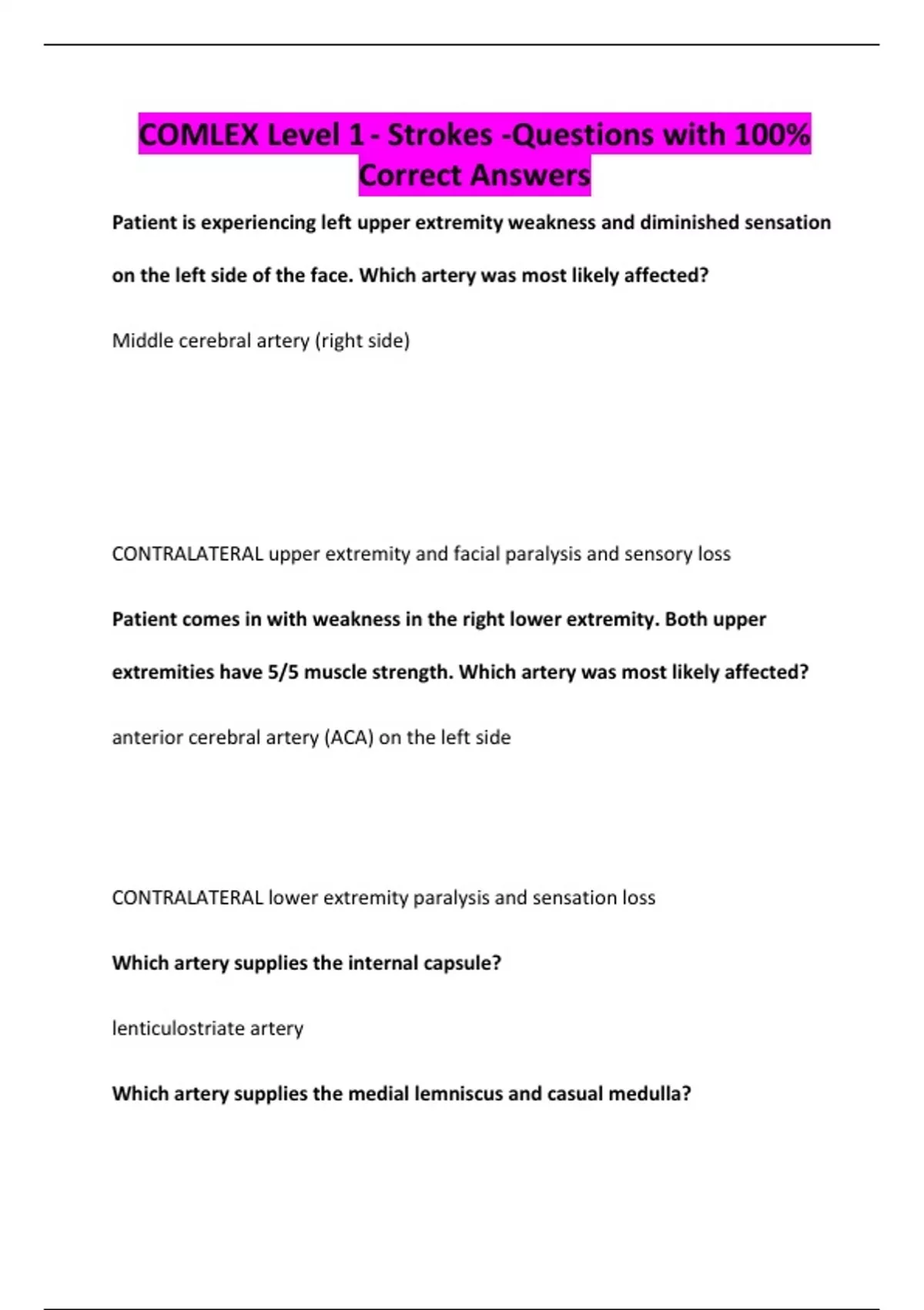 COMLEX Level 1 - Strokes -Questions with 100% Correct Answers - COMLEX ...
