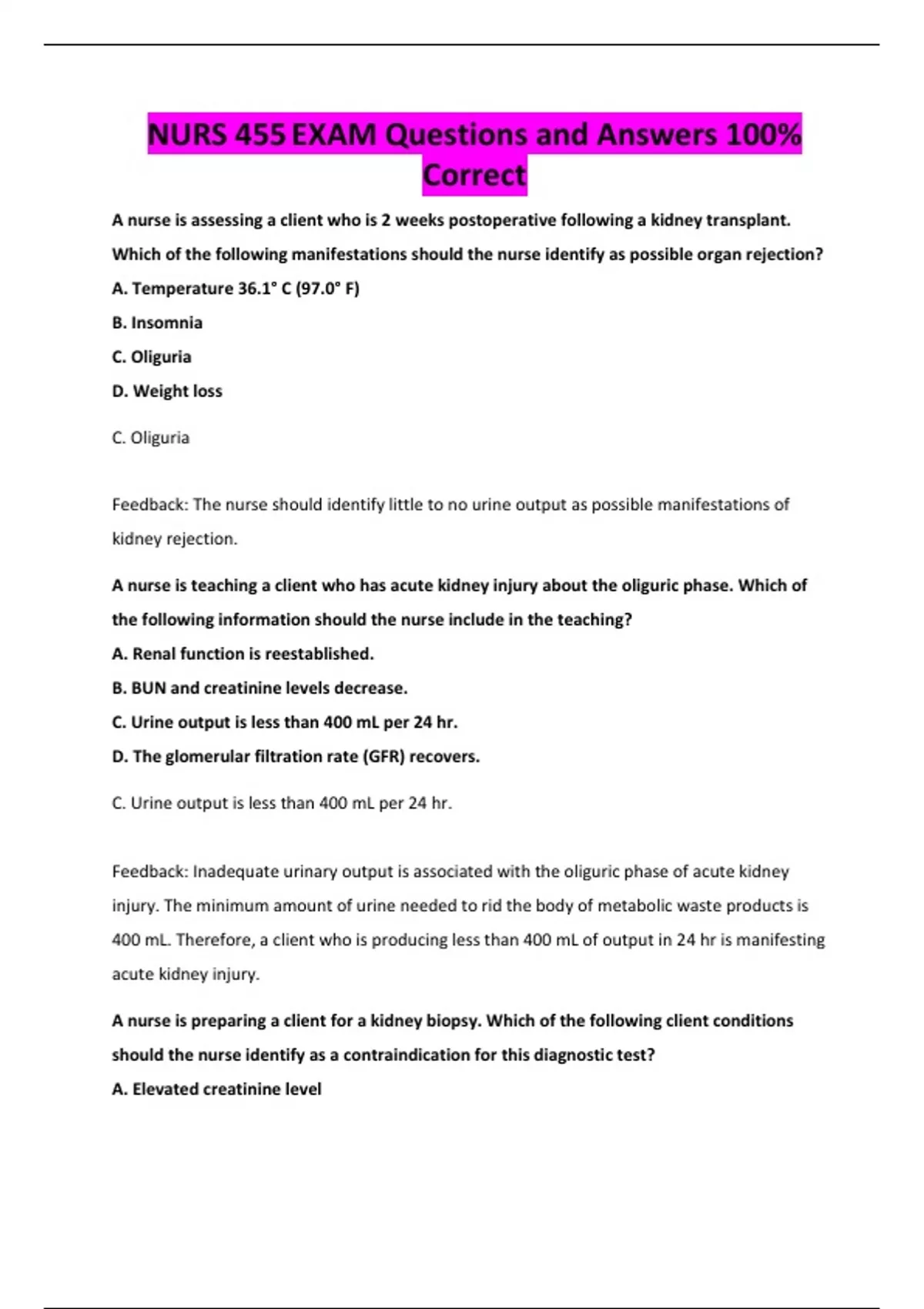 NURS 455 EXAM Questions and Answers 100% Correct - NURS 455 - Stuvia US