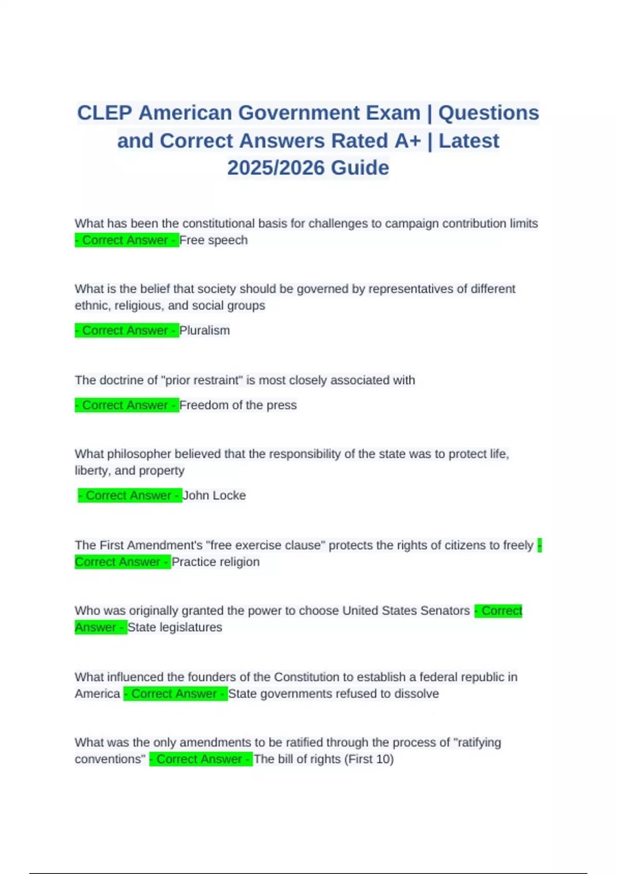 CLEP American Government Exam | Questions and Correct Answers Rated A+ ...
