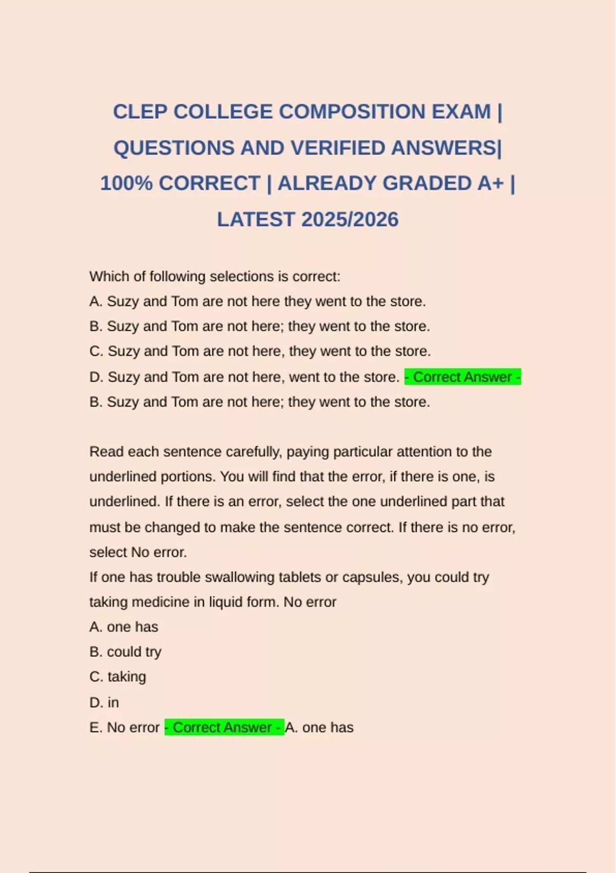 CLEP COLLEGE COMPOSITION EXAM | QUESTIONS AND VERIFIED ANSWERS| 100% ...