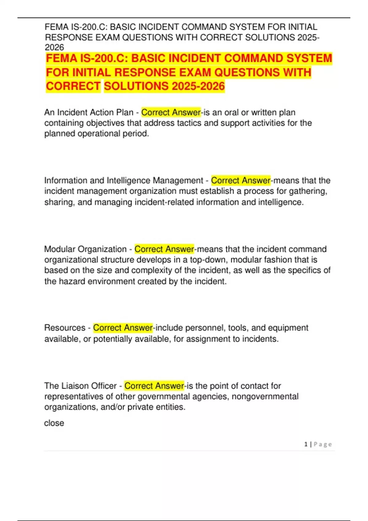 FEMA IS-200.C BASIC INCIDENT COMMAND SYSTEM FOR INITIAL RESPONSE EXAM ...