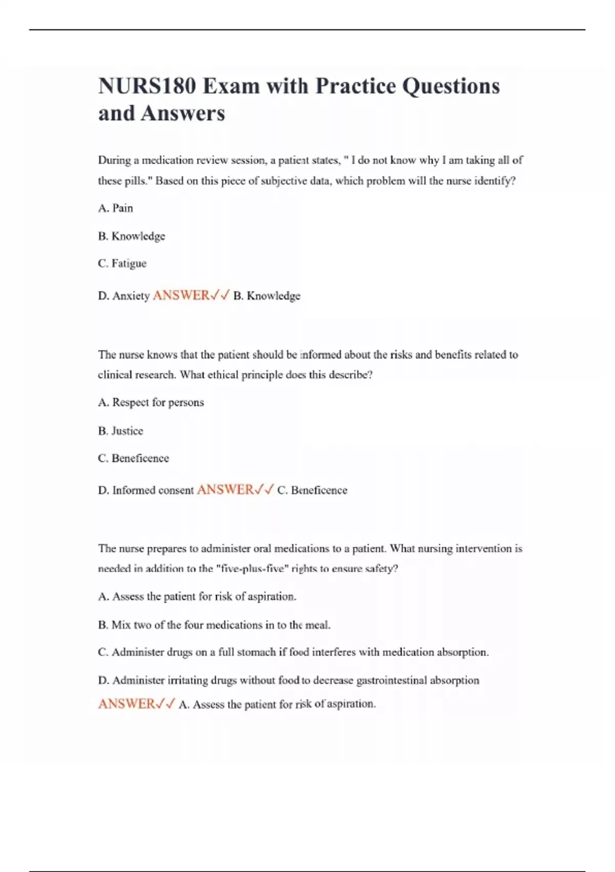 NURS180 Exam with Practice Questions and Answers - NURS 180 - Stuvia US