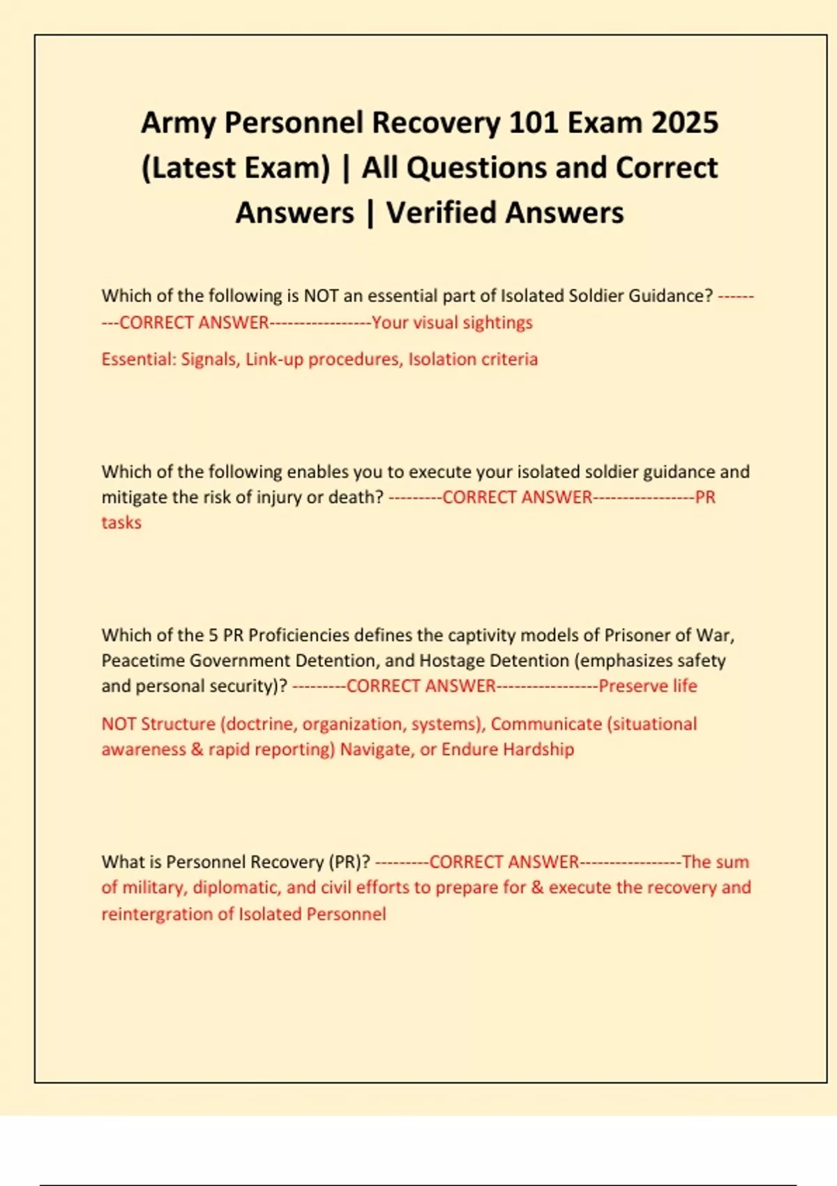Army Personnel Recovery 101 Exam 2025 (Latest Exam) | All Questions and ...