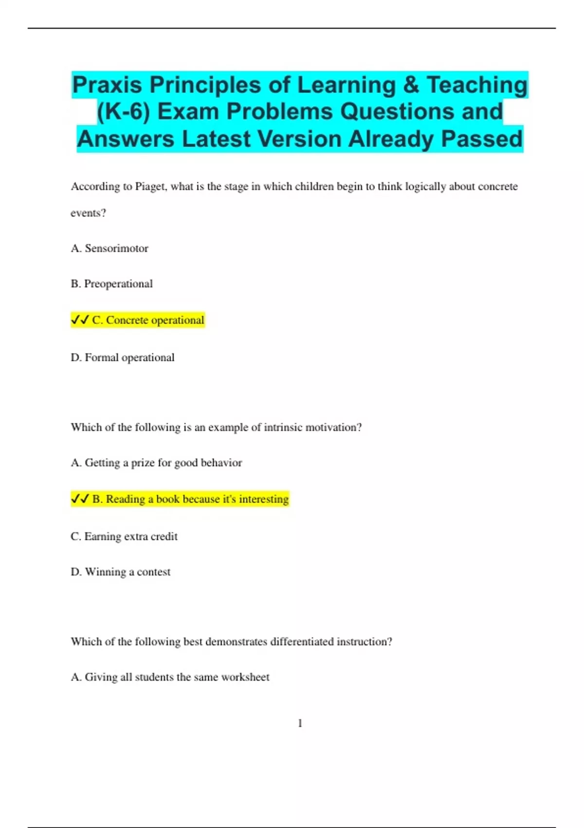Praxis Principles of Learning & Teaching (K-6) Exam Problems Questions ...