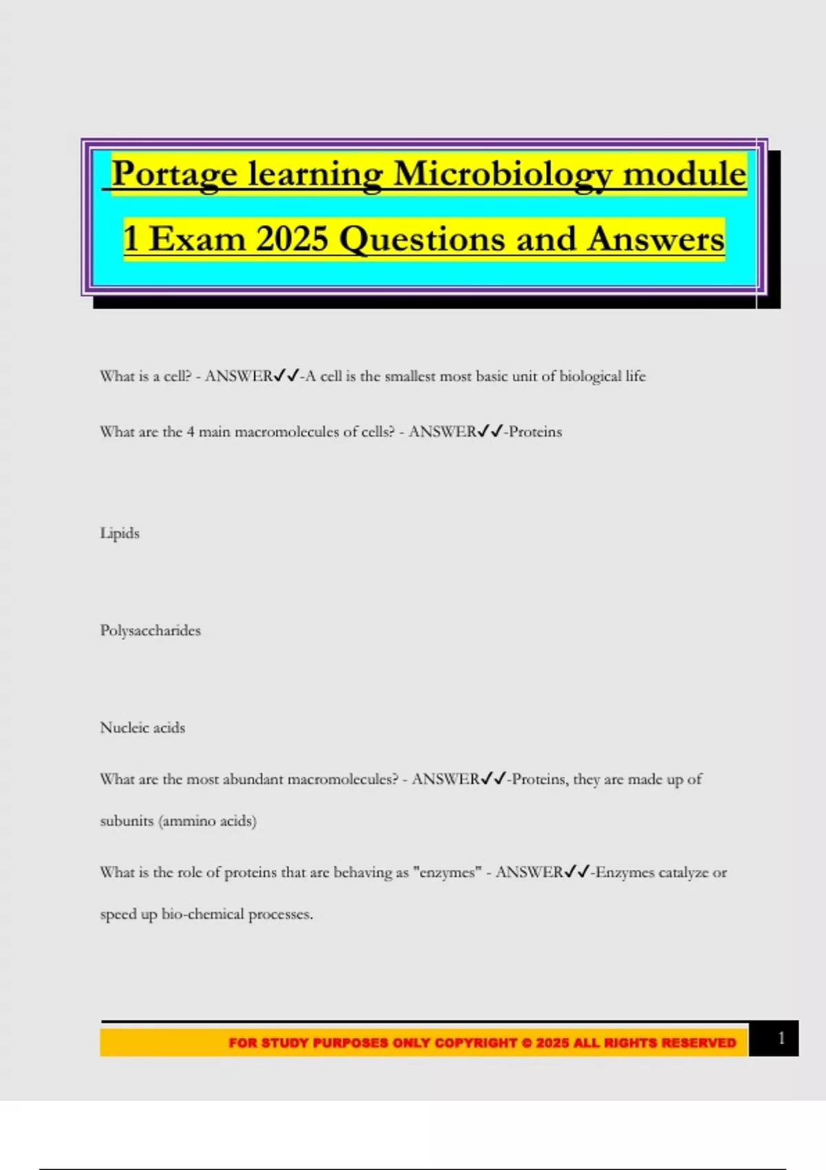 Portage learning Microbiology module 1 Exam 2025 Questions and Answers ...