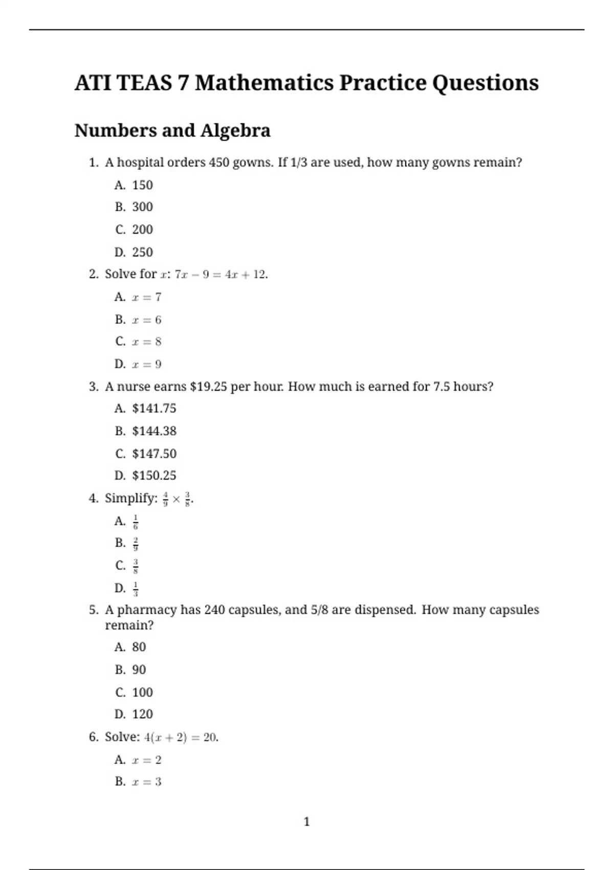 ATI TEAS 7 Mathematics Practice Questions 2025 – 80 High-Impact ...
