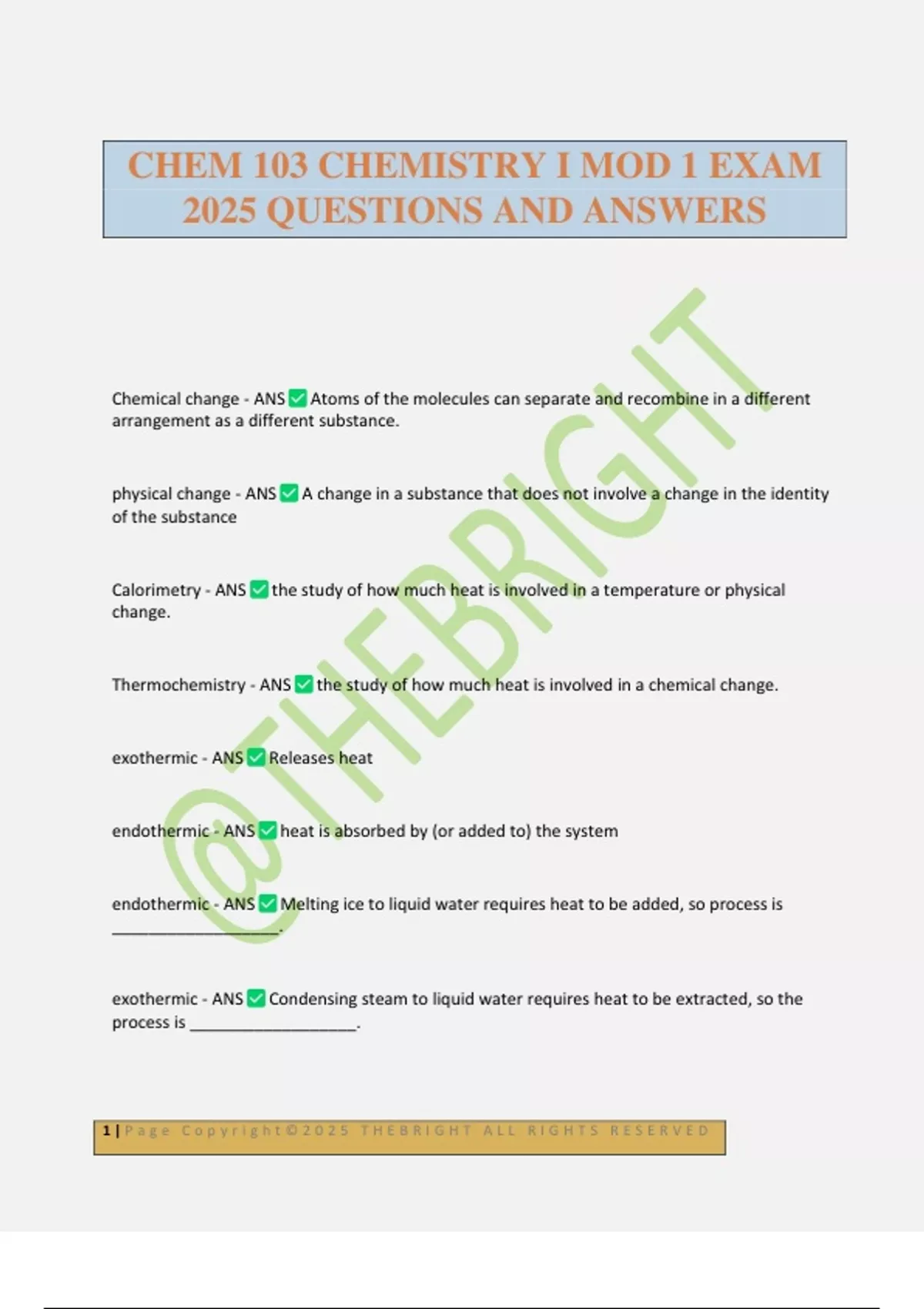 CHEM 103 CHEMISTRY I MOD 1 EXAM 2025 QUESTIONS AND ANSWERS - Chem 103 ...